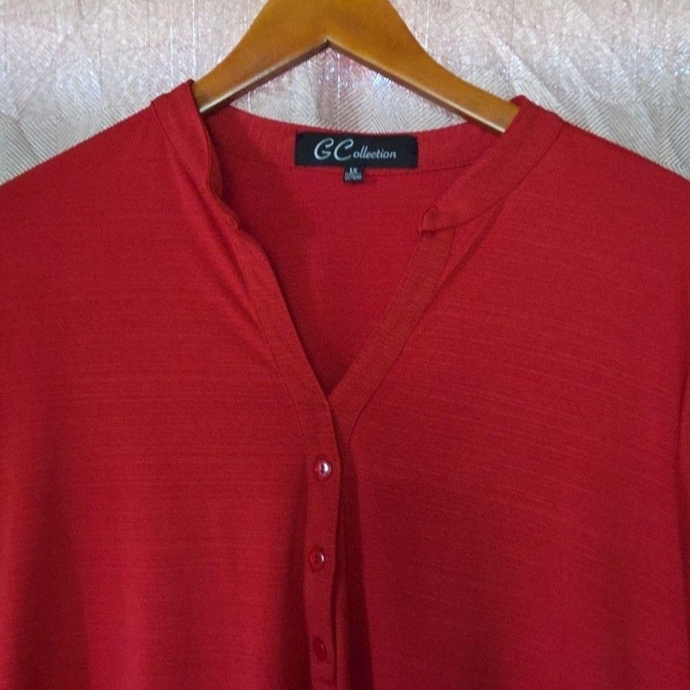 GC Collection Womens Red Roll Tab Sleeve Henley Blouse Top Plus Size 1X